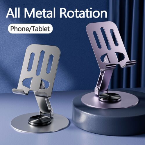 360° Rotating Full Metal Phone & Tablet Stand – Aluminum Alloy Adjustable Desktop Holder for Mobile Devices